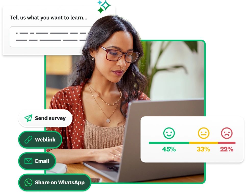 A learner filling out a Virtual Keys Academy survey, with satisfaction scores of 45%, 33% and 22%